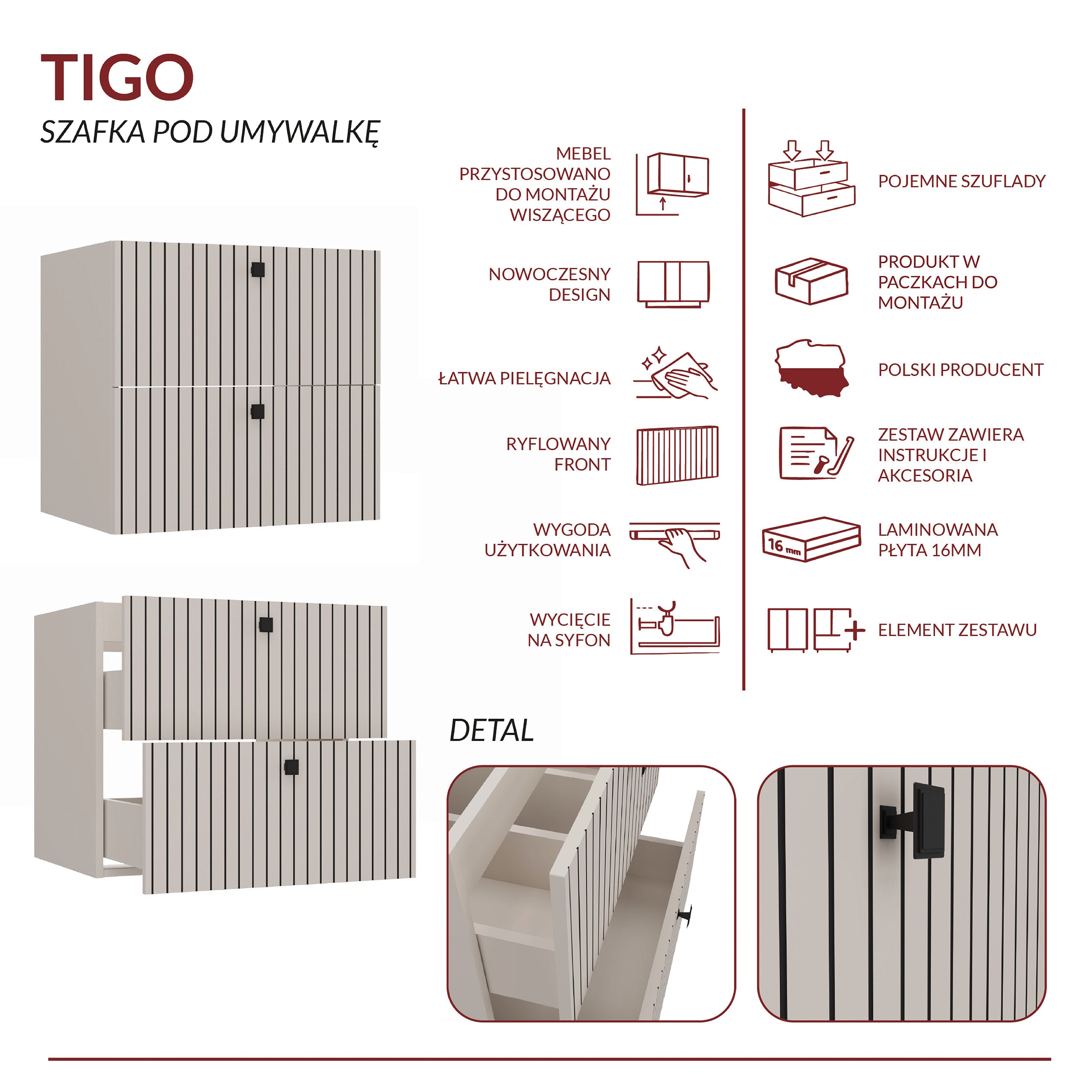 SZAFKA POD UMYWALKĘ TIGO 60 2S KASZMIR RYFLOWANY FRONT