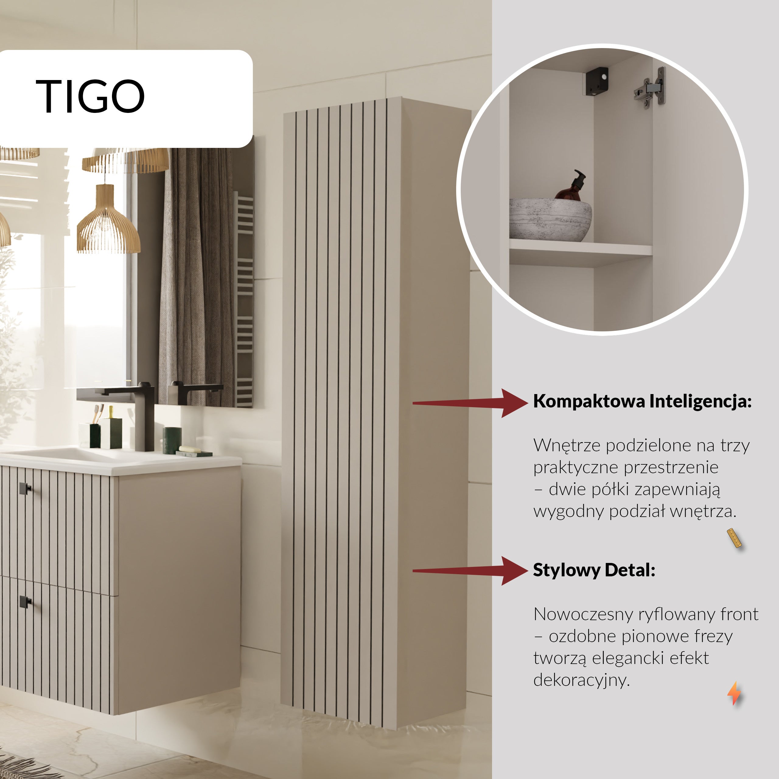 SZAFKA ŁAZIENKOWA WISZĄCA TIGO 1D REGAŁ KASZMIR RYFLOWANY FRONT