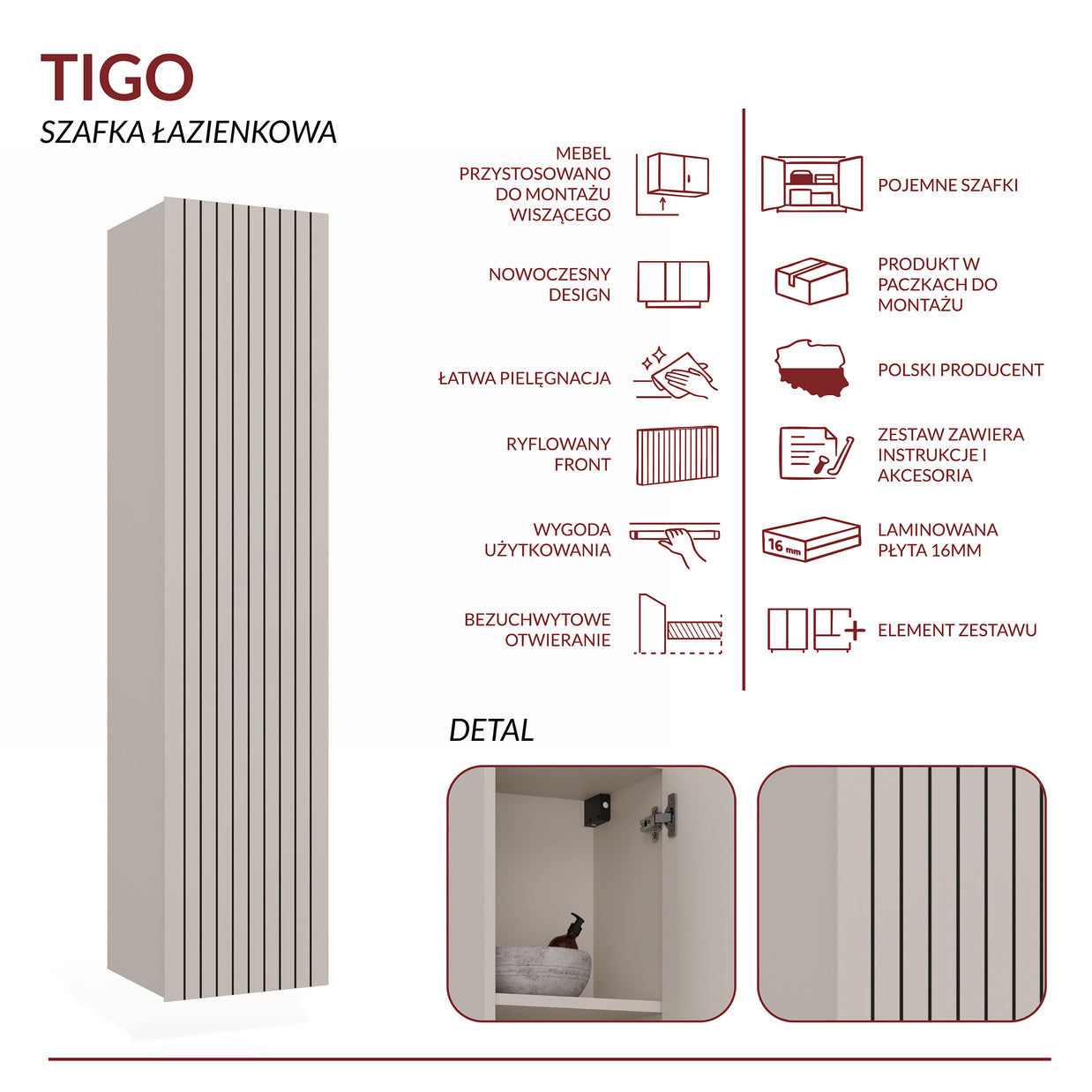 SZAFKA ŁAZIENKOWA WISZĄCA TIGO 1D REGAŁ KASZMIR RYFLOWANY FRONT