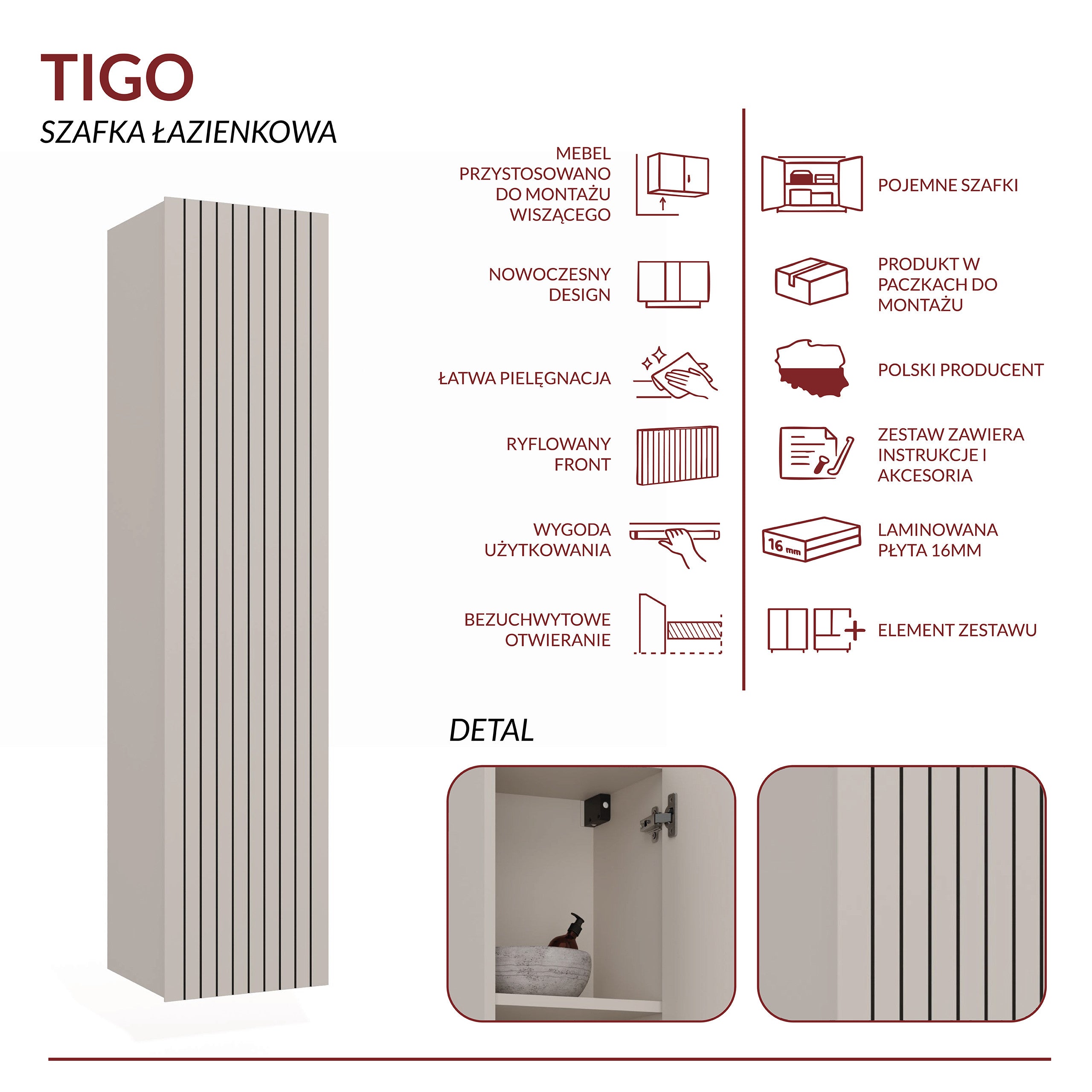 SZAFKA ŁAZIENKOWA WISZĄCA TIGO 1D REGAŁ KASZMIR RYFLOWANY FRONT