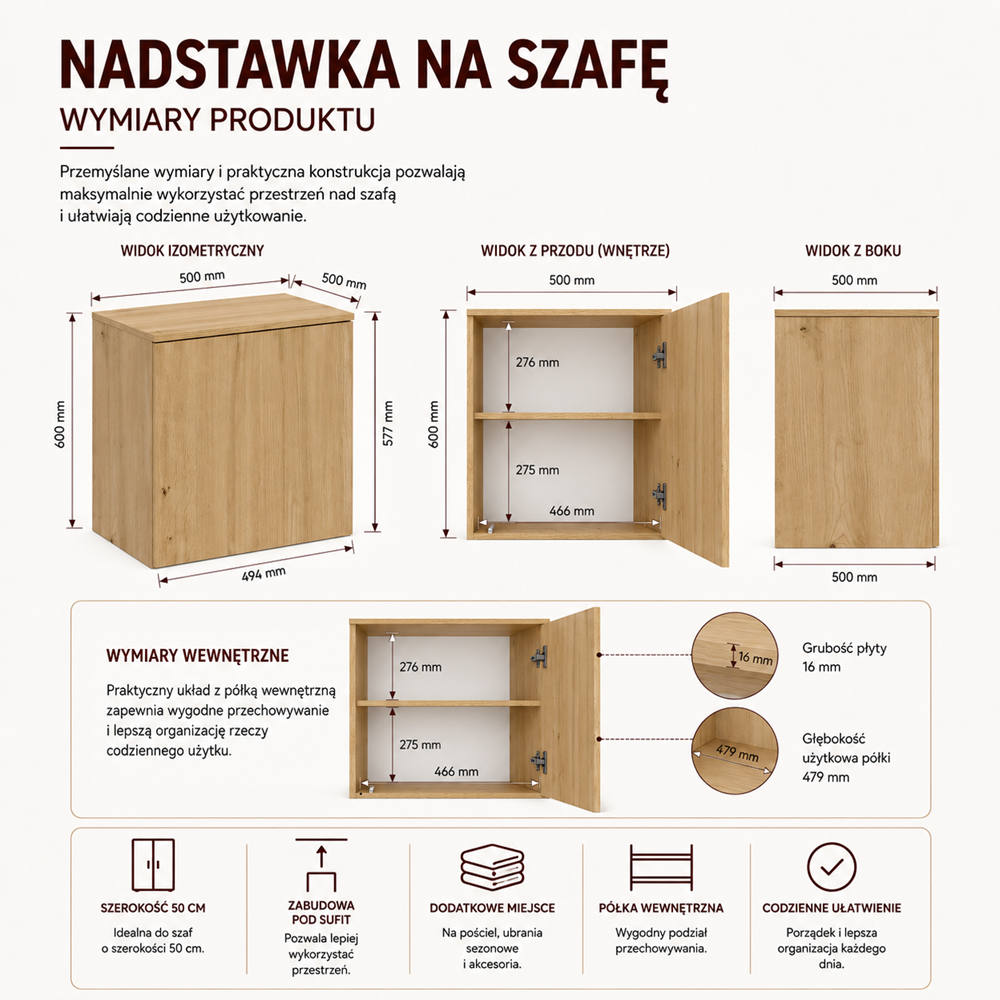 Szafa z Nadstawką SD-50 Drzwi Półki DĄB ARTISAN Do Garderoby Pokoju Biura