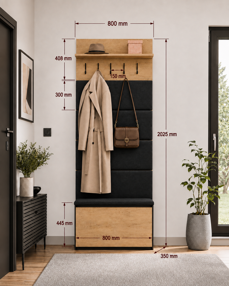 WIESZAK + SZAFKA Na Buty LIOR CZERŃ / DĄB ARTISAN 202.5x80x35 Cm Przedpokój