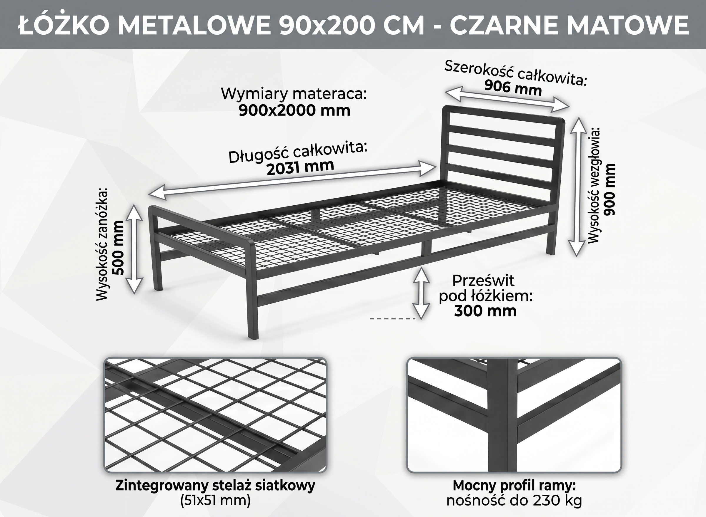 METALOWE ŁÓŻKO 90x200 - CZARNE