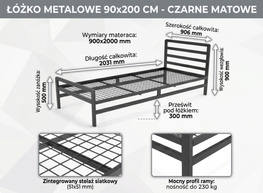 METALOWE ŁÓŻKO 90x200 - CZARNE