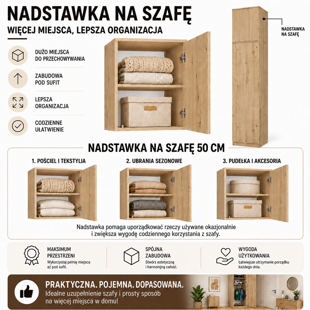 Nadstawka Na Szafę SD-50 Dąb Artisan Do Garderoby Pokoju Biura