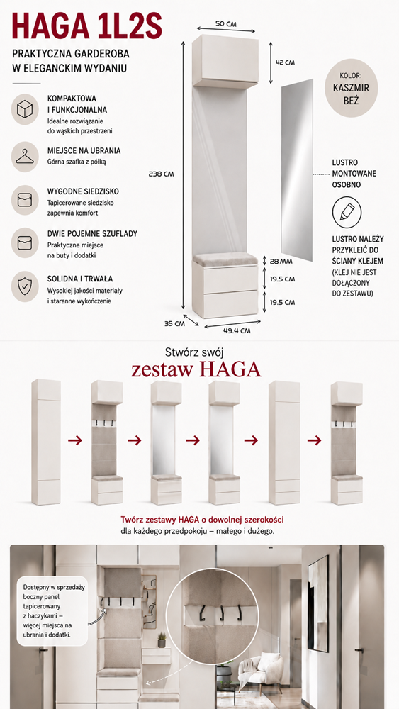 Garderoba HAGA 1L2S Szafka 2 Szuflady Do Korytarza KASZMIR BEŻ 238x50x35 cm