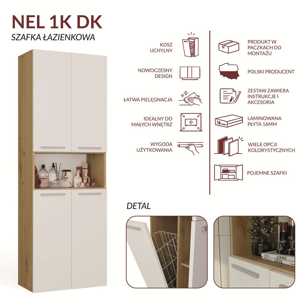 Szafka Łazienkowa NEL 1K DK Słupek z Koszem Na Pranie DĄB ARTISAN BIEL