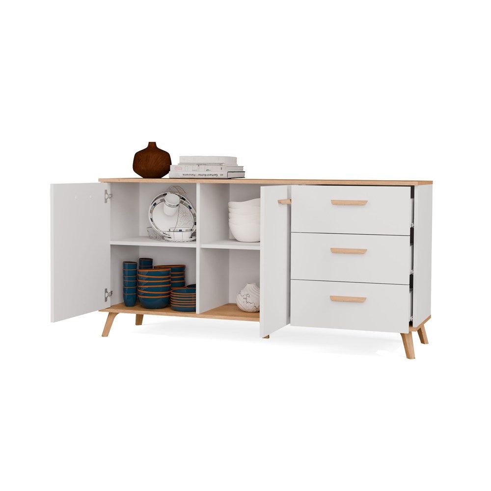 Komoda OLYMPO 2D3S BIAŁA DĄB ARTISAN Szafka 150 Cm 3 Szuflady 2 Drzwi