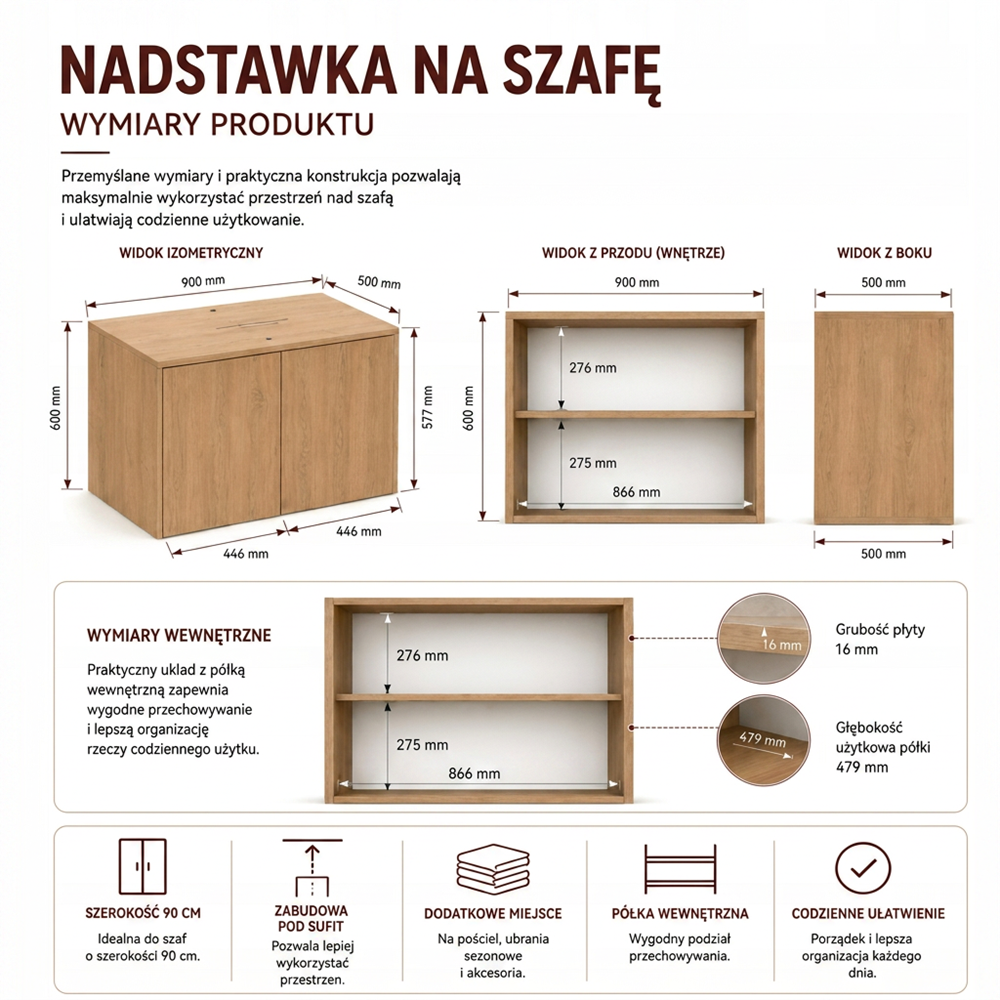Szafa z Nadstawką SD-90 Drzwi Półki DĄB ARTISAN Do Garderoby Pokoju Biura