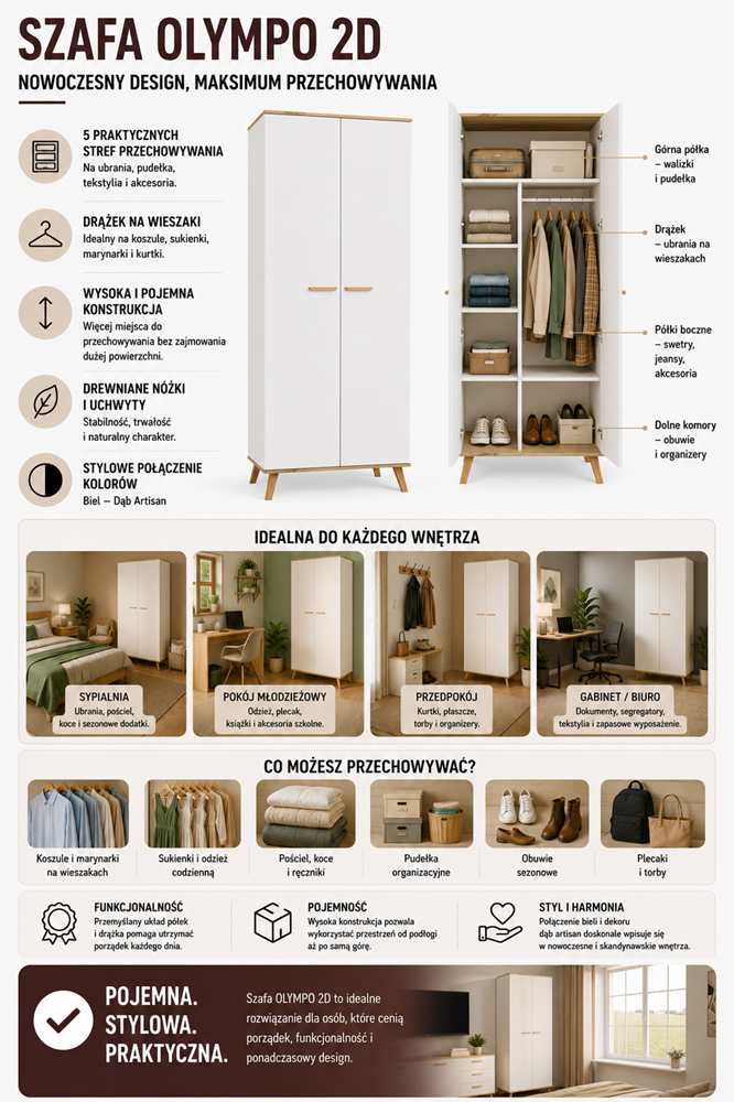 Szafa Ubraniowa OLYMPO 2D BIAŁA DĄB ARTISAN 80 Cm Drążek 2 Drzwi Sypialnia