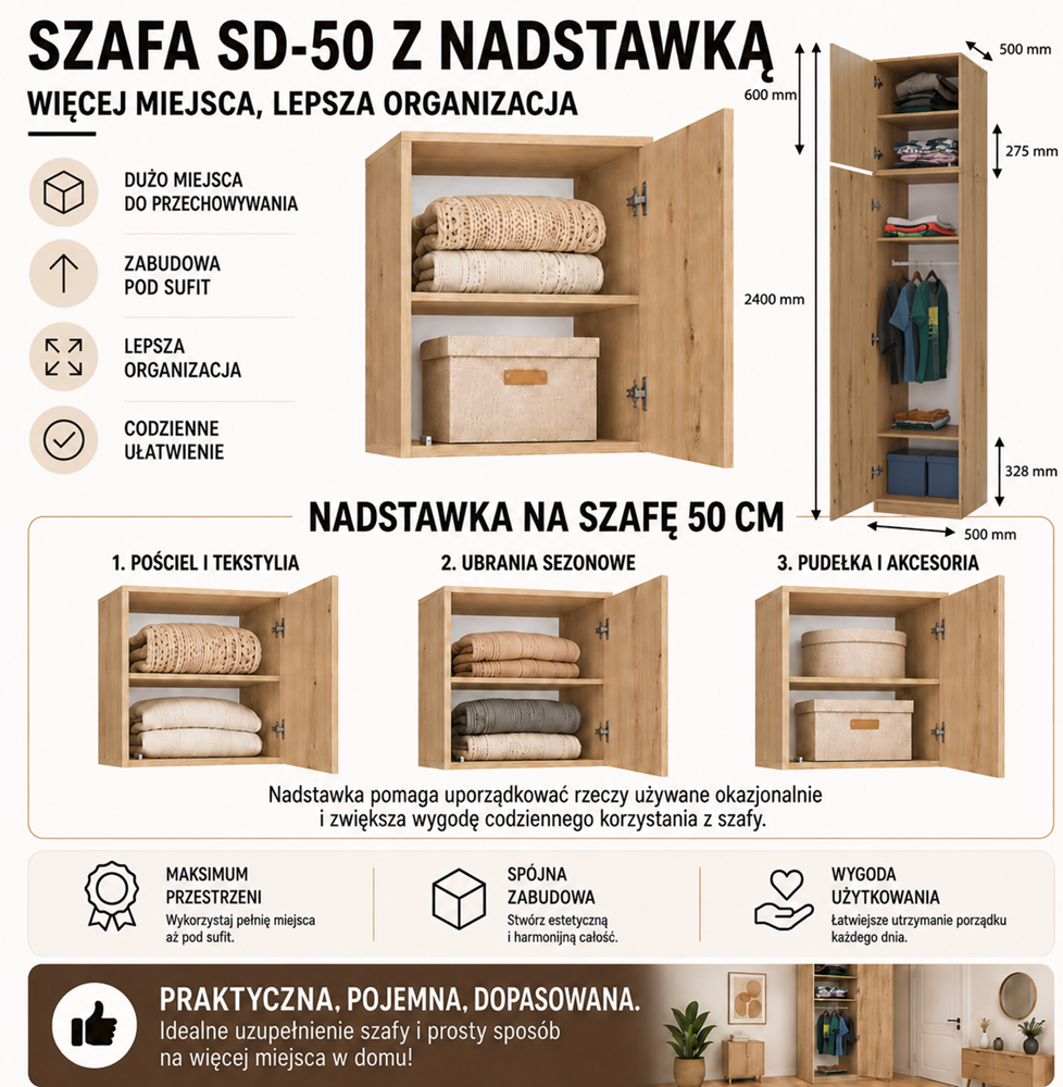 Szafa z Nadstawką SD-50 Drzwi Półki DĄB ARTISAN Do Garderoby Pokoju Biura