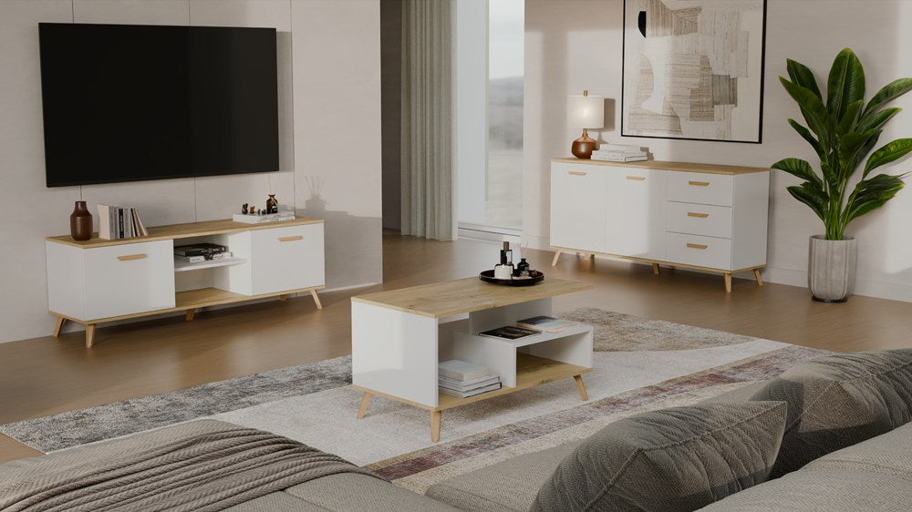 Szafka RTV OLYMPO 150 BIAŁA DĄB ARTISAN 150 CM Stolik Pod TV Telewizor