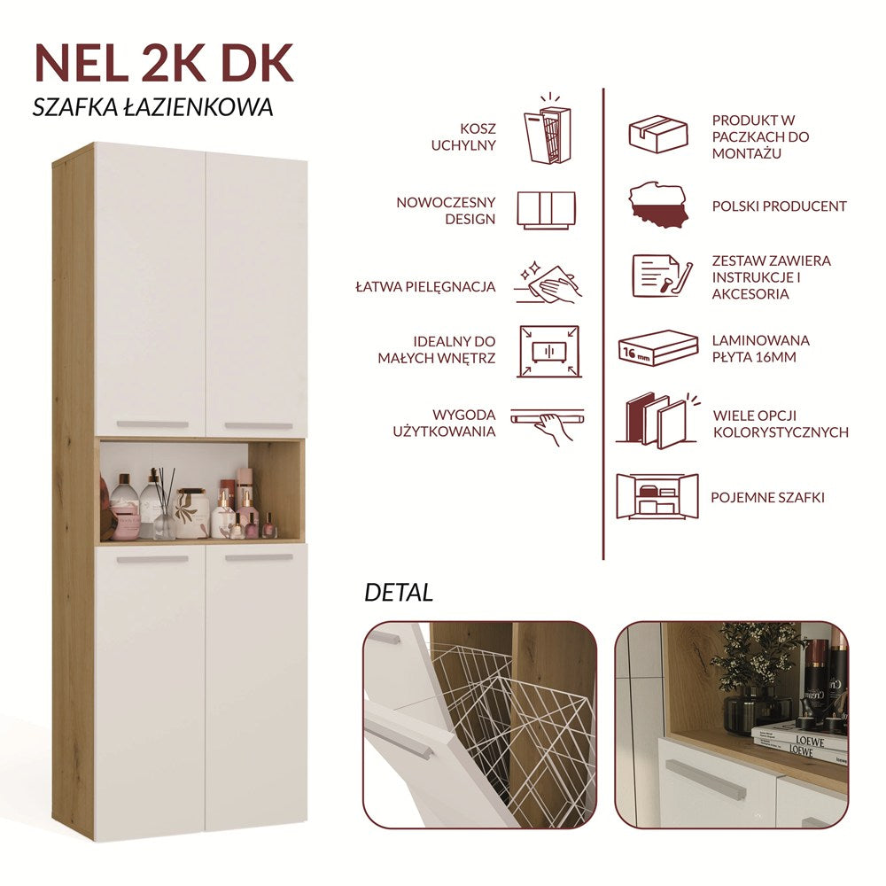 Szafka Łazienkowa NEL 2K DK Regał Słupek 2 Kosze Na Pranie BIEL DĄB ARTISAN