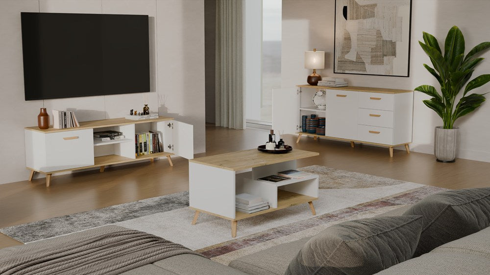Szafka RTV OLYMPO 150 BIAŁA DĄB ARTISAN 150 CM Stolik Pod TV Telewizor