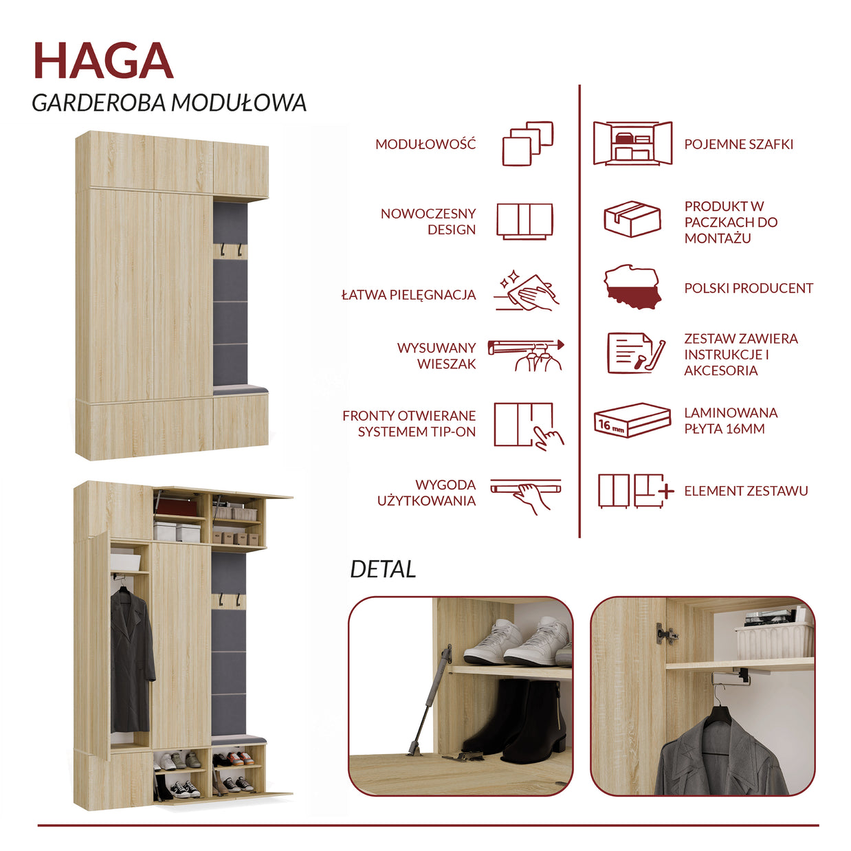 Garderoba HAGA III/2Sz1W DĄB SONOMA 2x Szafa + Wieszak