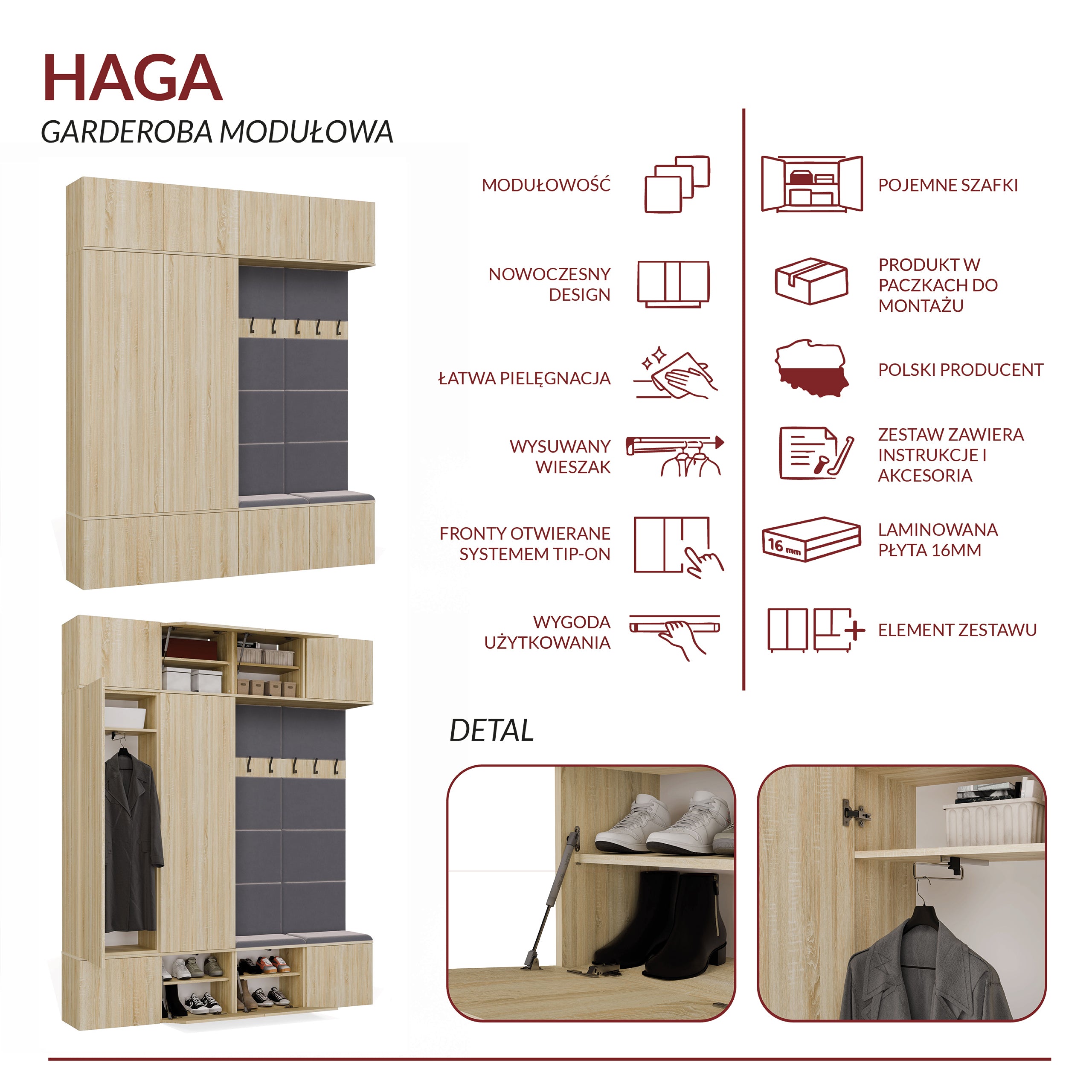 Garderoba HAGA IV/2Sz2W DĄB SONOMA 2x Szafa + 2x Wieszak