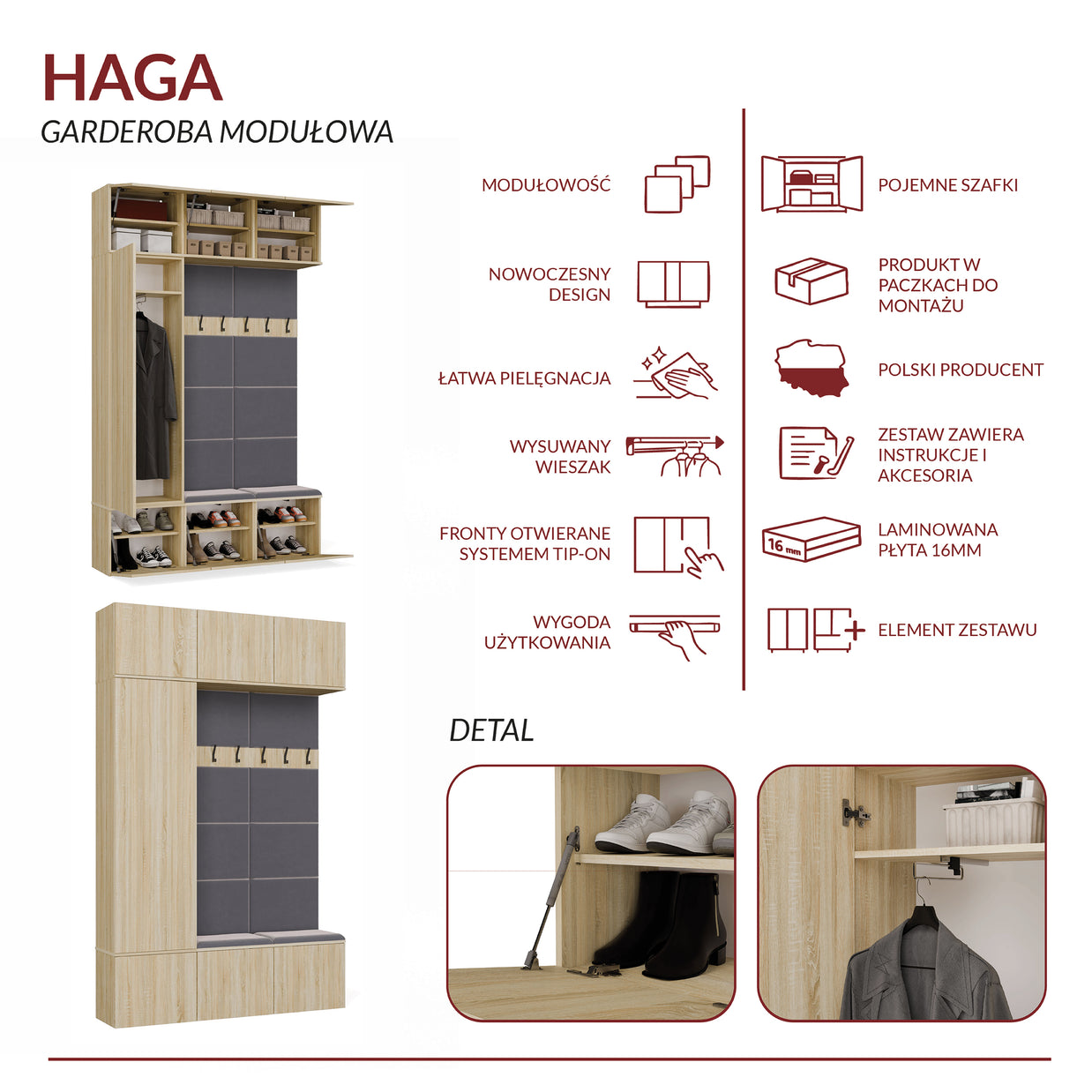 Garderoba HAGA III/1Sz2W DĄB SONOMA Szafa + 2x Wieszak