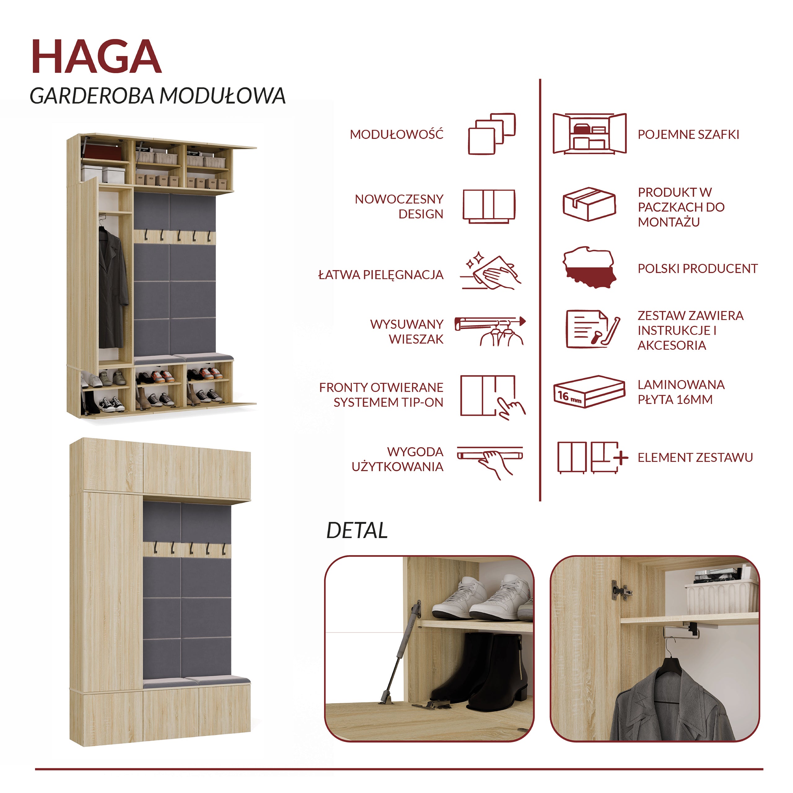 Garderoba HAGA III/1Sz2W DĄB SONOMA Szafa + 2x Wieszak