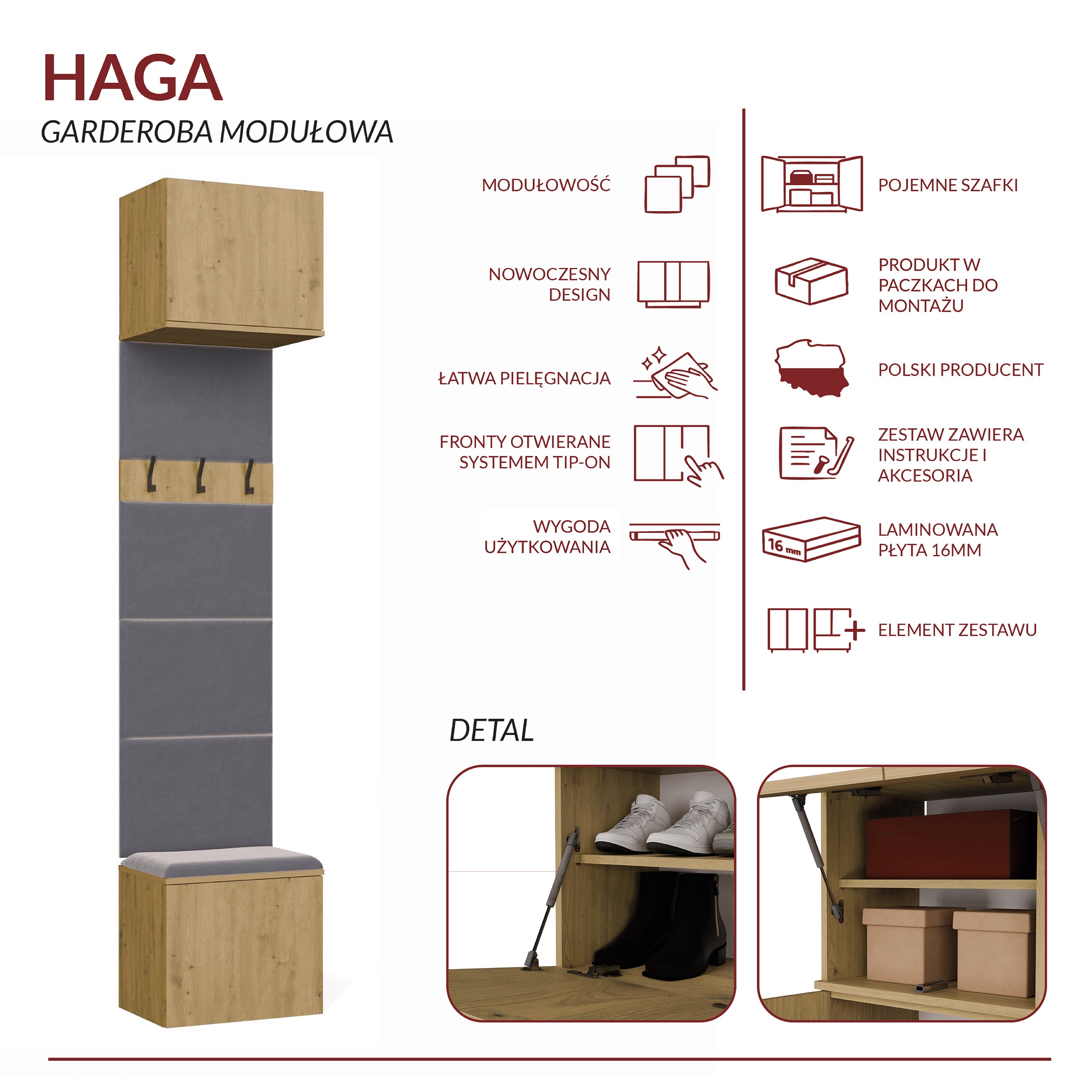 Garderoba Wieszak HAGA 1W DĄB ARTISAN