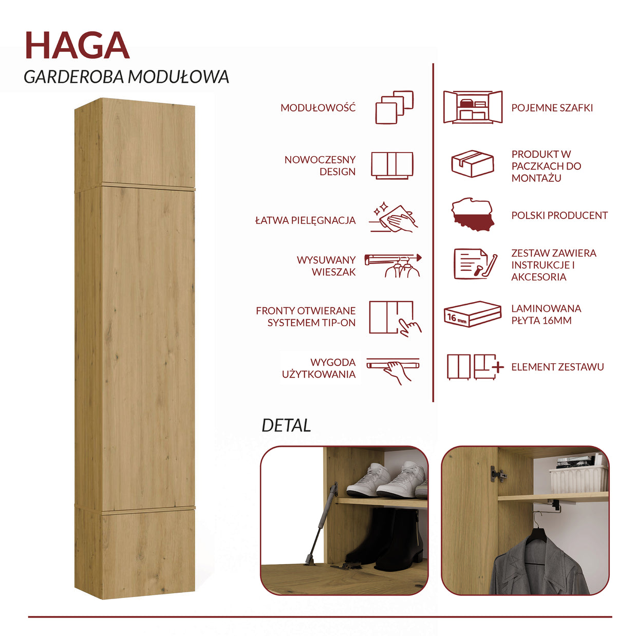 Garderoba Szafa HAGA 1SZ DĄB ARTISAN
