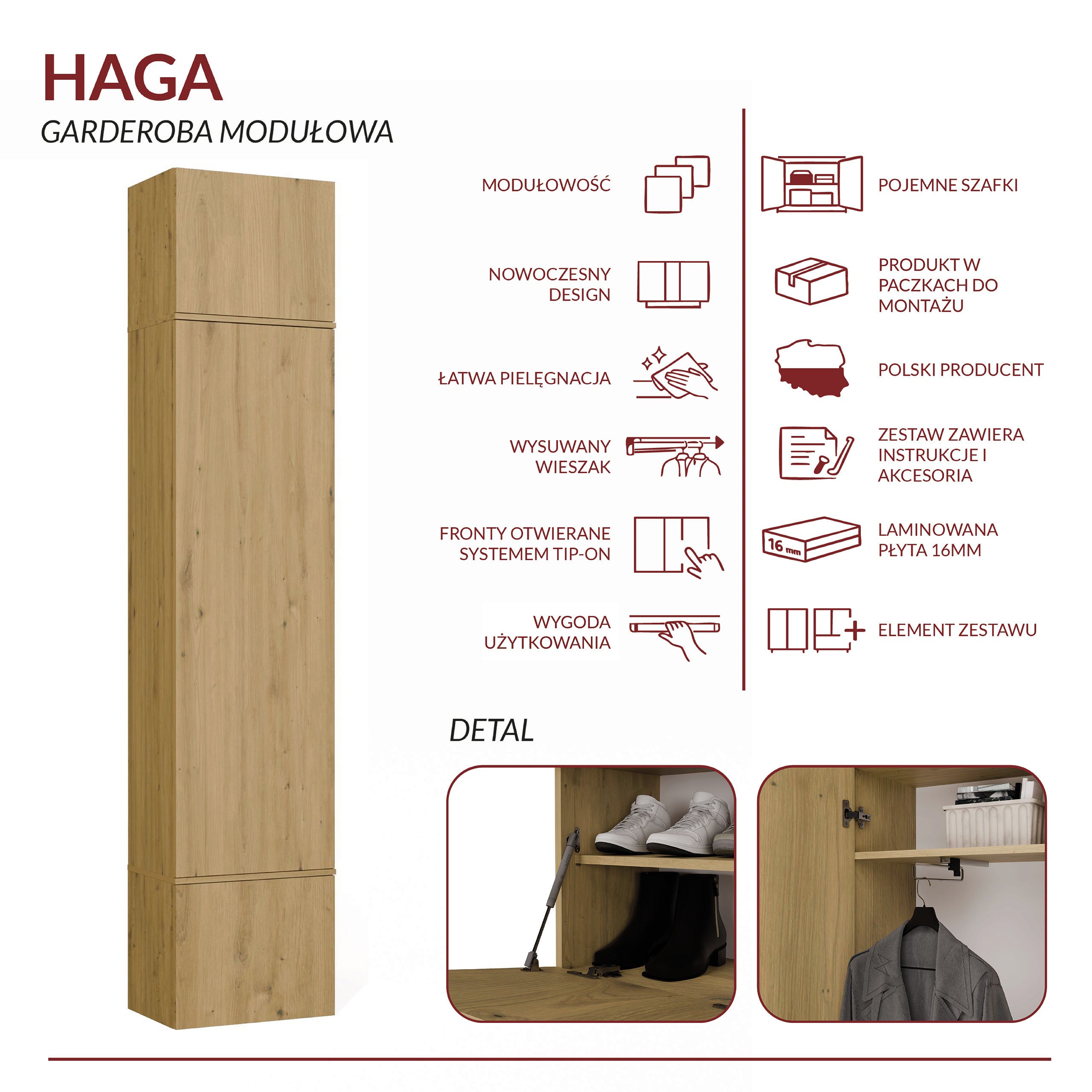 Garderoba Szafa HAGA 1SZ DĄB ARTISAN
