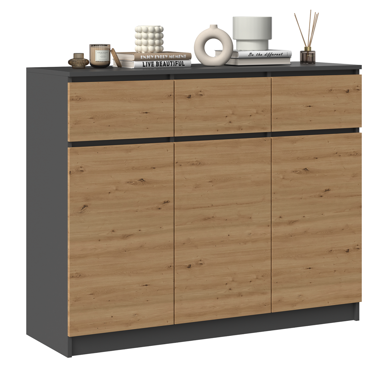 KOMODA SZAFKA 3D3S 120 - ANTRACYT / DĄB ARTISAN