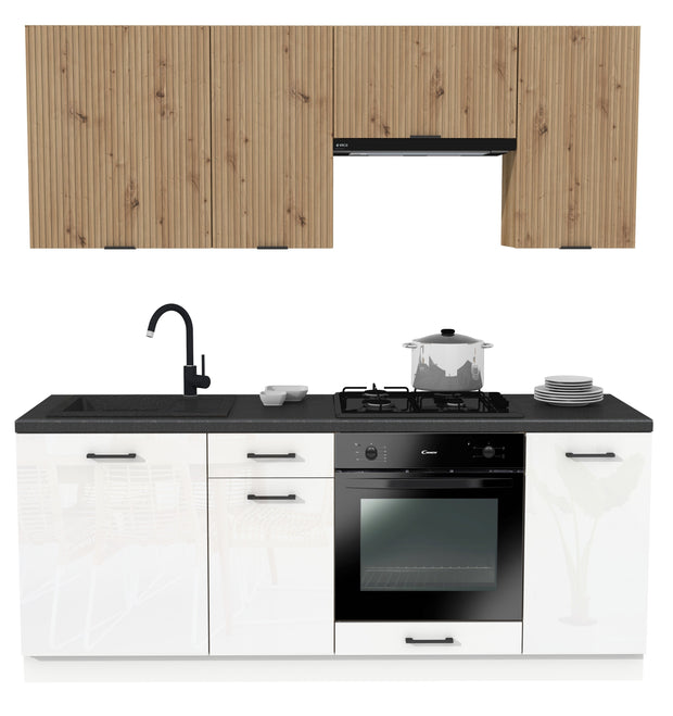 KUCHNIA VARIO 200CM RYFLOWANY ARTISAN/BIAŁY AKRYL POŁYSK C10/BLAT DISTRICT BEZ AGD