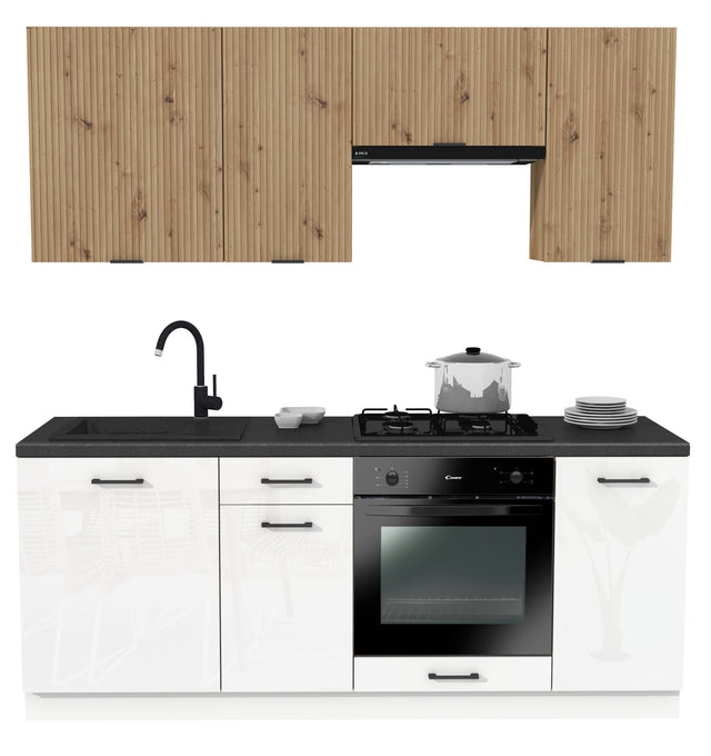 KUCHNIA VARIO 200CM RYFLOWANY ARTISAN/BIAŁY AKRYL POŁYSK C10/BLAT DISTRICT BEZ AGD