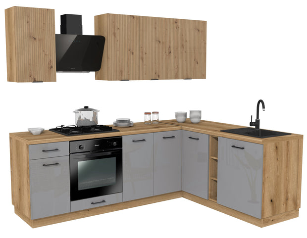 KUCHNIA VARIO 240X180CM RYFLOWANY ARTISAN/SZARY AKRYL POŁYSK C10/BLAT EVOKE BEZ AGD