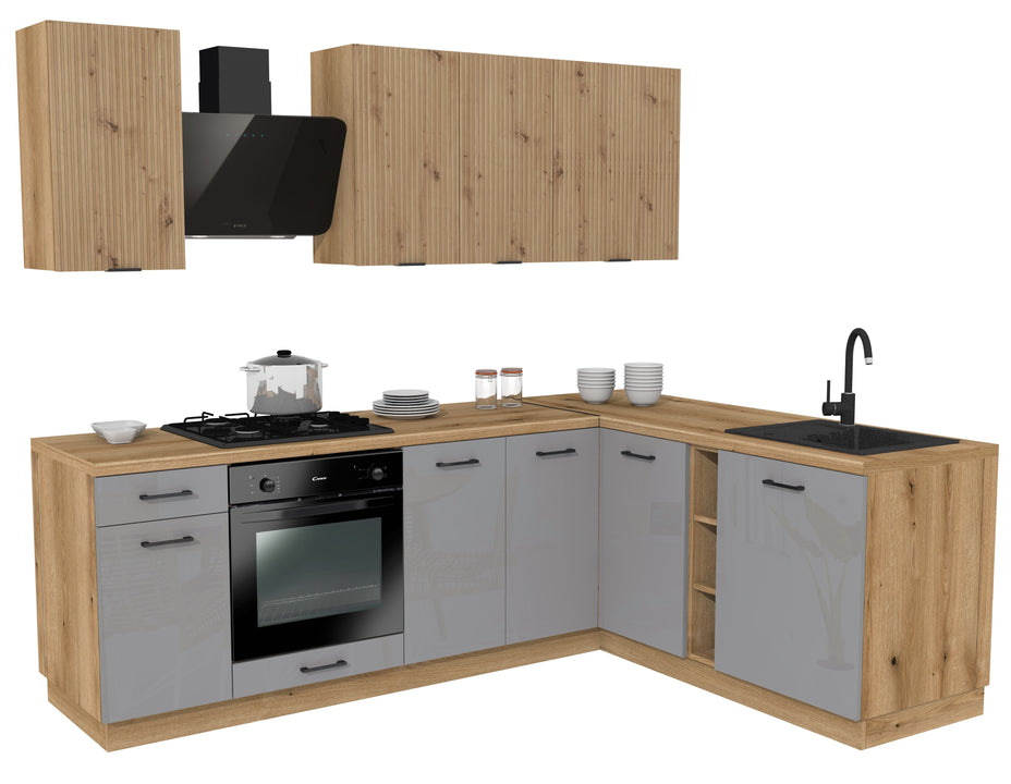 KUCHNIA VARIO 240X180CM RYFLOWANY ARTISAN/SZARY AKRYL POŁYSK C10/BLAT EVOKE BEZ AGD