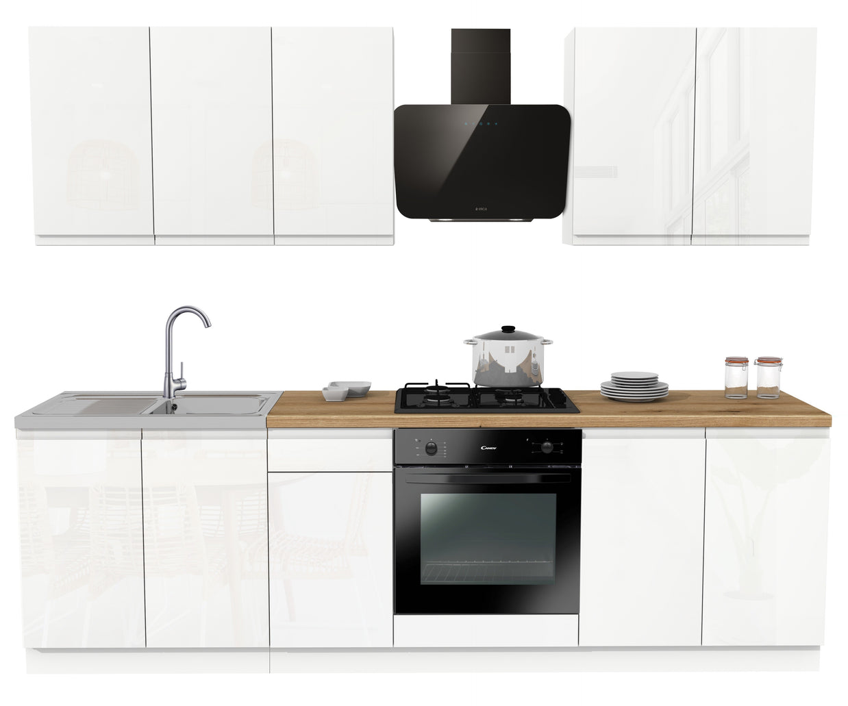 KUCHNIA VARIO 260CM BIAŁY AKRYL POŁYSK/BIAŁY AKRYL POŁYSK C10/BLAT EVOKE BEZ AGD