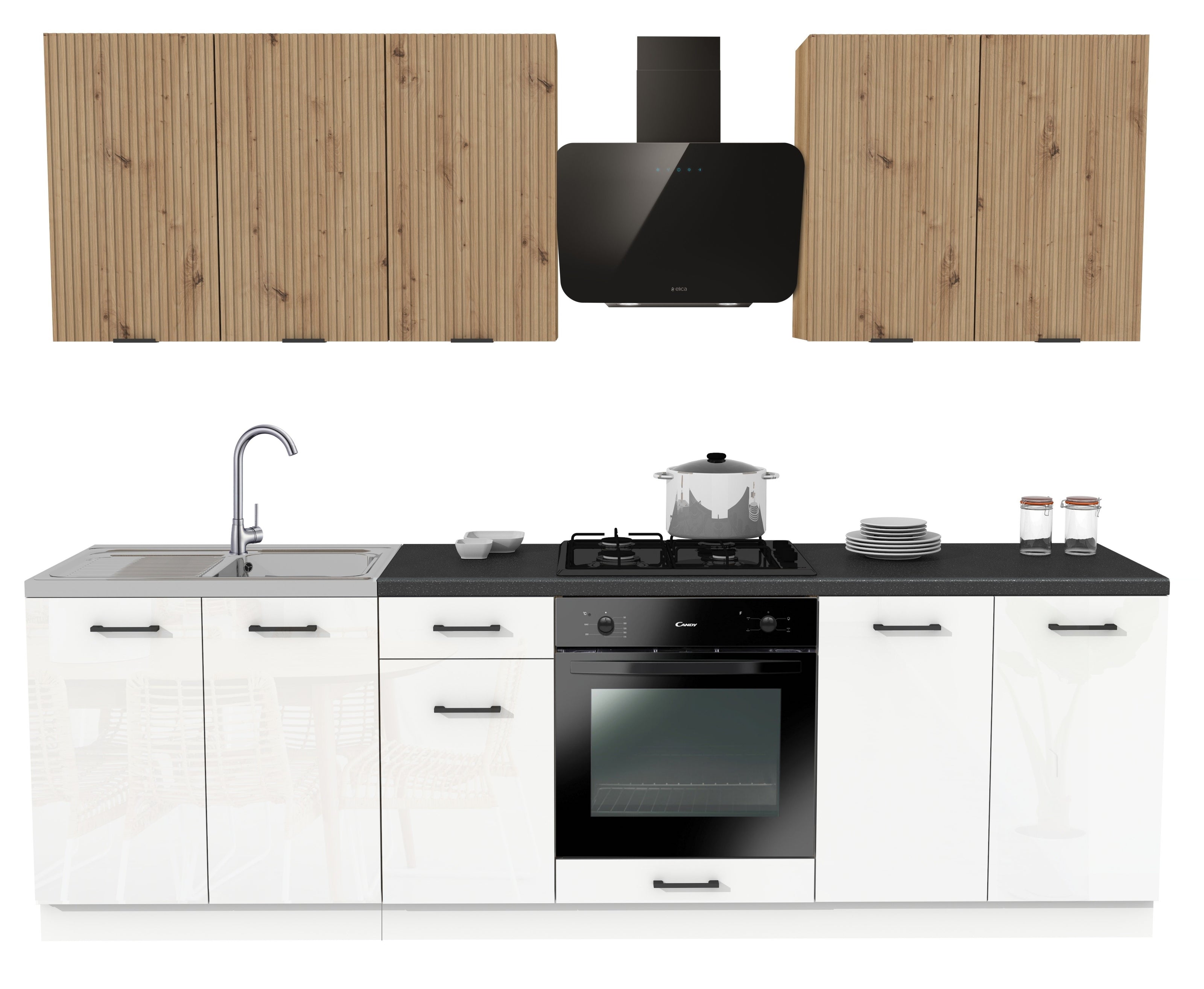 KUCHNIA VARIO 260CM RYFLOWANY ARTISAN/BIAŁY AKRYL POŁYSK C10/BLAT DISTRICT BEZ AGD