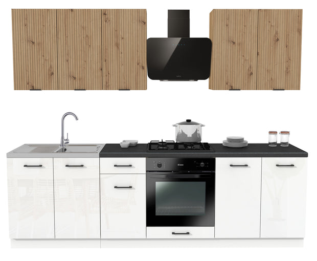 KUCHNIA VARIO 260CM RYFLOWANY ARTISAN/BIAŁY AKRYL POŁYSK C10/BLAT DISTRICT BEZ AGD