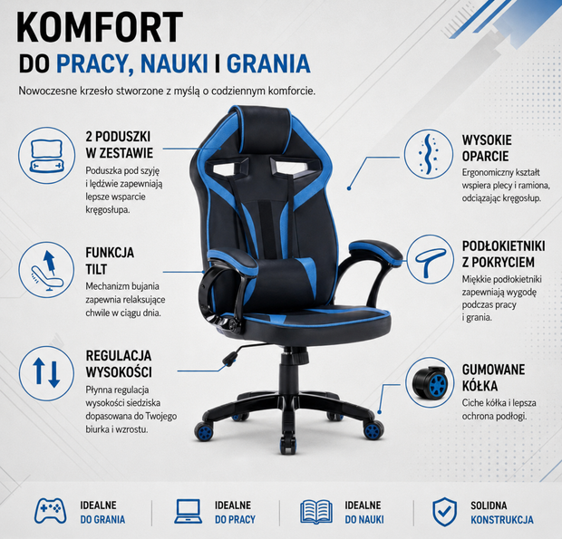 FOTEL OBROTOWY GAMINGOWY KRZESŁO DRIFT NIEBIESKI
