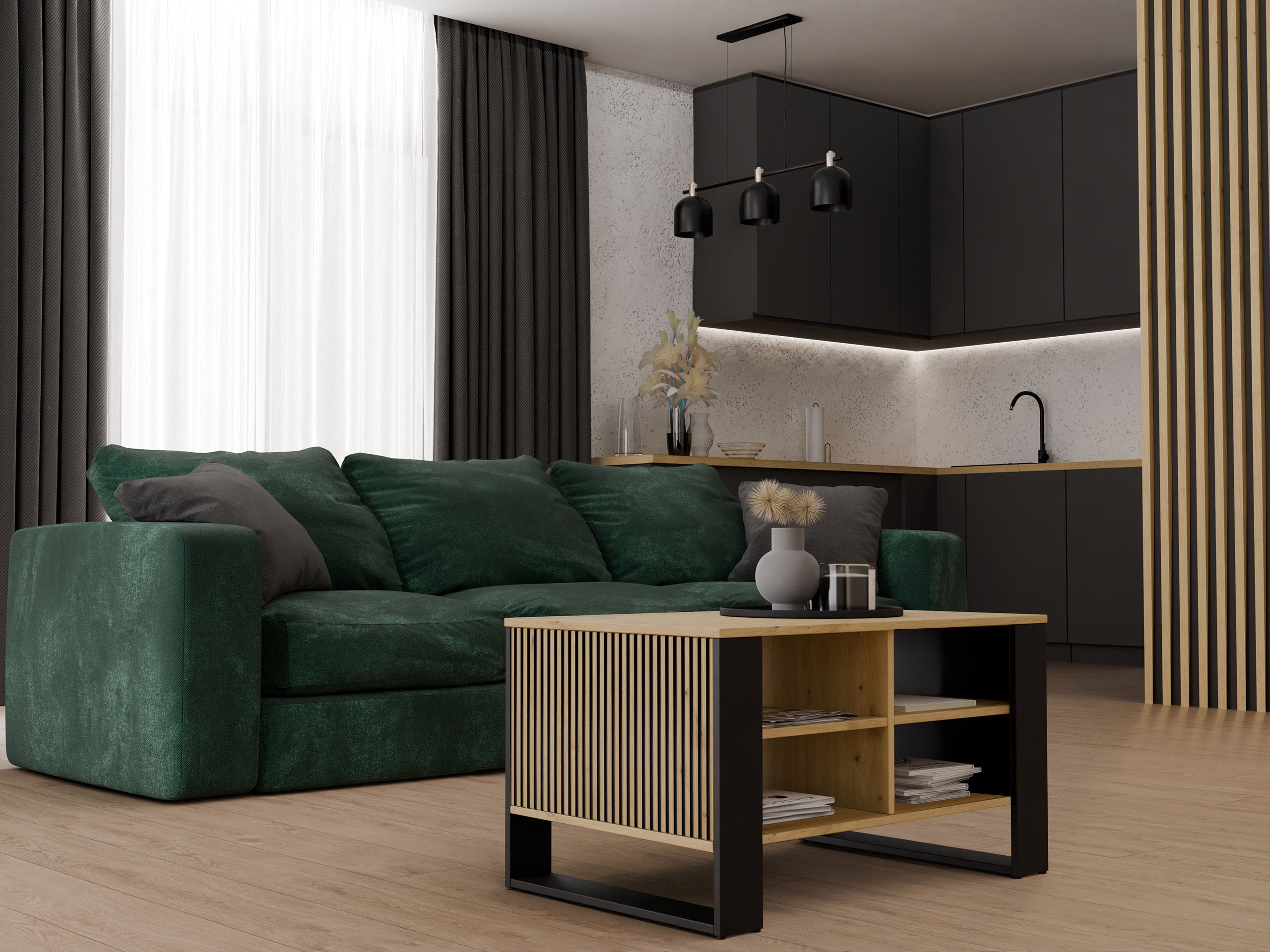 STOLIK KAWOWY ŁAWA MODERN 4P SLIM DĄB ARTISAN CZERŃ FREZY