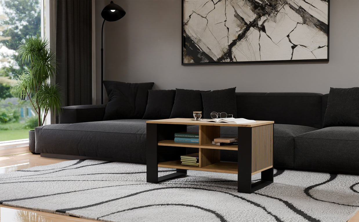 STOLIK KAWOWY ŁAWA MODERN 4P SLIM DĄB ARTISAN CZERŃ FREZY