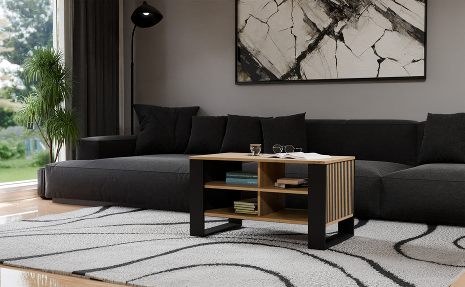 STOLIK KAWOWY ŁAWA MODERN 4P SLIM DĄB ARTISAN CZERŃ FREZY