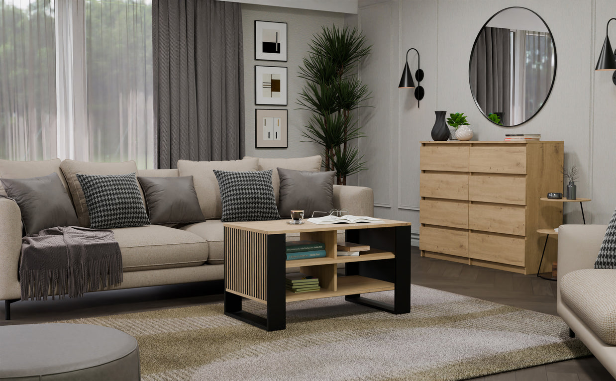 STOLIK KAWOWY ŁAWA MODERN 4P SLIM DĄB ARTISAN CZERŃ FREZY
