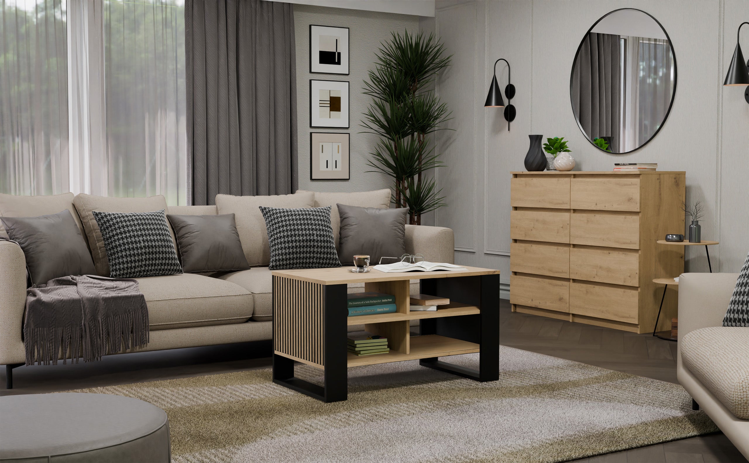STOLIK KAWOWY ŁAWA MODERN 4P SLIM DĄB ARTISAN CZERŃ FREZY