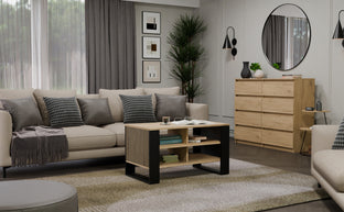 STOLIK KAWOWY ŁAWA MODERN 4P SLIM DĄB ARTISAN CZERŃ FREZY
